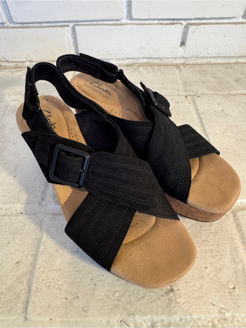 Clarks Collection Nerisa West Black Nubuck Cork Wedge Sandals Size 7.5 Medium
